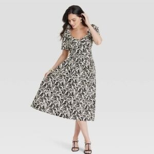 A New Day Hawaiian Black White Floral Cap Sleeve Midi Dress 2